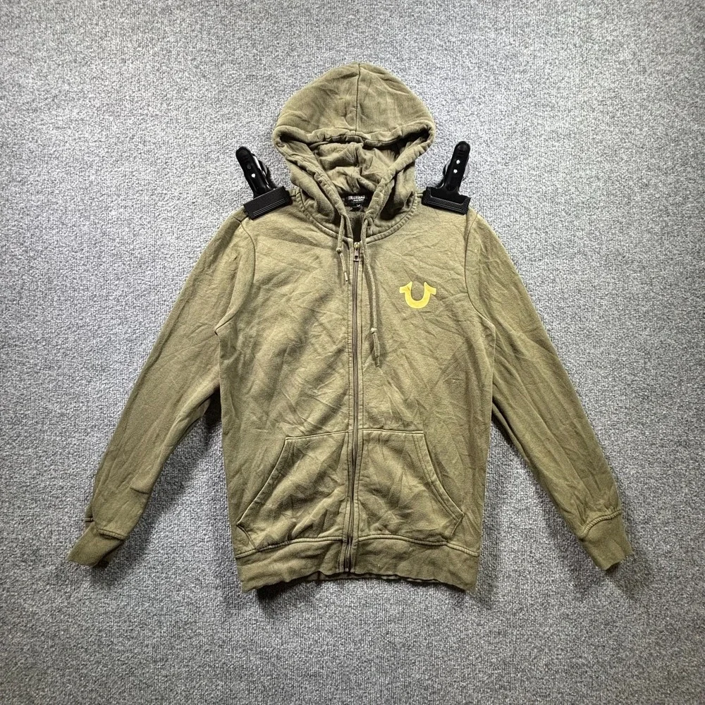 True Religion Hoodie Mens Small Olive Green Full Zip Hooded Buddha Back Patch